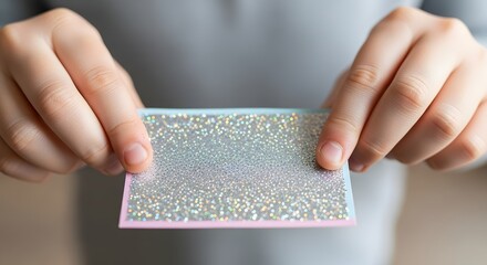 Hands holding a glittery card with pink and blue edges.