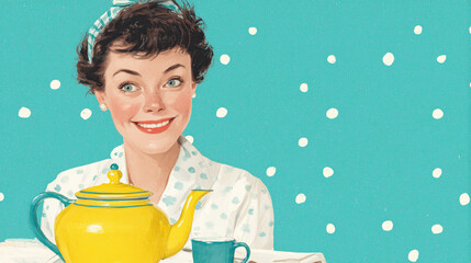 Vibrant yellow teapot woman turquoise background french illustration