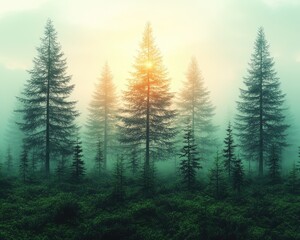 Misty green pine forest landscape with sunlight shining through the trees. Use for nature scenes, backgrounds, or creative design projects.