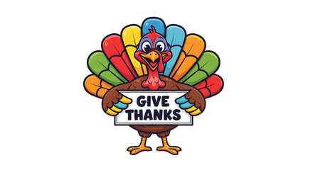Cute cartoon turkey holding a sign that says give thanks, perfect for Thanksgiving