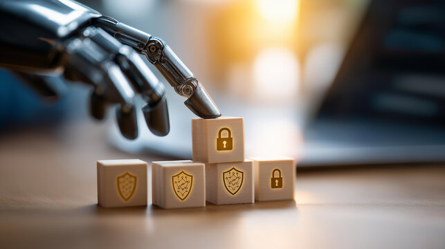 A robotic hand arranges wooden blocks with cybersecurity icons, hyper-realistic symbols of locks and shields, moody shadows on a tech workspace, bright saturation in digital visual