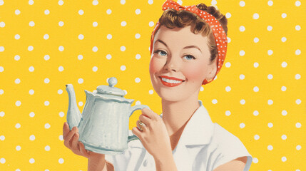 White elegant woman silver teapot yellow polka dots vintage service