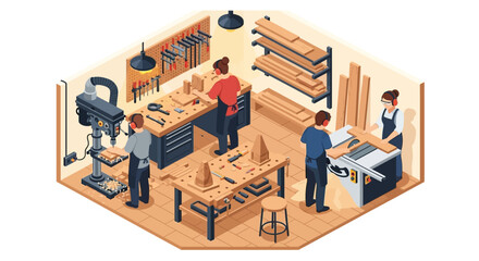 Isometric view of a woodworking shop with people working.