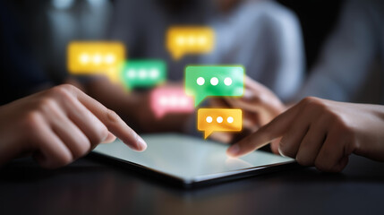 A team shares feedback on a digital platform with suggestion icons, hyper-realistic visuals of ideas with vivid details, moody shadows on a screen, bright saturation in communicati