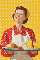 Dynamic red dress woman with apron serving tray yellow polka dots