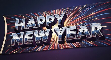 A vibrant and festive happy new year banner with a dazzling fireworks display in the background, perfect for celebrating the start of a new year