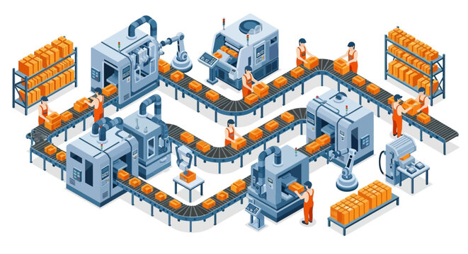 Isometric view of  an Automated Bread Production Line in Factory.