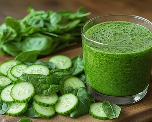 Glass of green smoothie with spinach and cucumber on wood. Promote healthy eating, vegan diet, or fresh drink recipes.