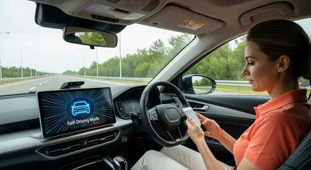 Woman Using Phone in Self-Driving Car