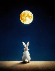 白いウサギが見上げる満月と星空の夜