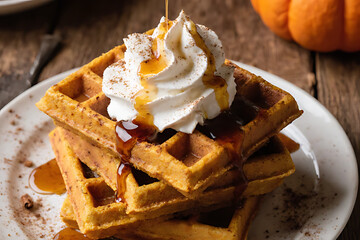 Pumpkin Spice Waffles with Whipped Cream and Cinnamon &ndash; Cozy Autumn Breakfast