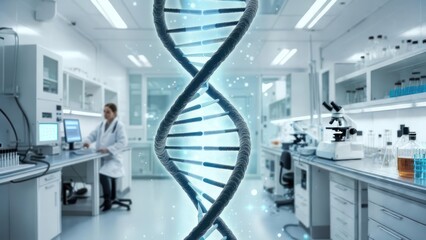 Dynamic DNA helix glowing brightly in a modern laboratory setting with scientist analyzing data for research purposes