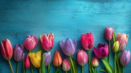 Colorful Tulips on Bright Blue Wooden Background in Spring Setting