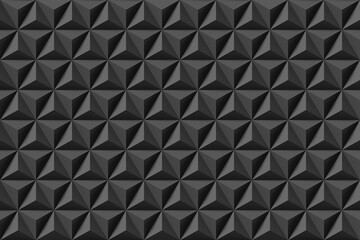 Black equilateral pyramids (tetrahedrons) closely packed together forming a larger hexagonal pattern filling up the screen. Illustration as a background for slide show presentation and web design
