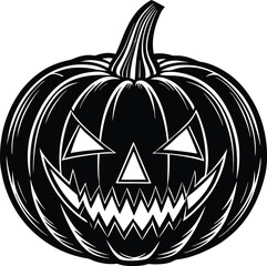 halloween pumpkin  Vector art of a spooky black and white halloween pumpkin jackolantern with a menacing face, , ideal for holiday decorations and festive vintage designs