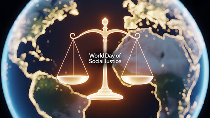 Golden scales of justice overlaid on a glowing Earth, symbolizing World Day of Social Justice