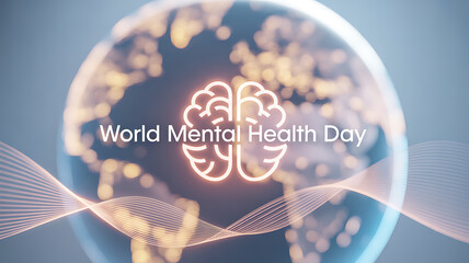 World Mental Health Day graphic with glowing brain symbol and Earth background