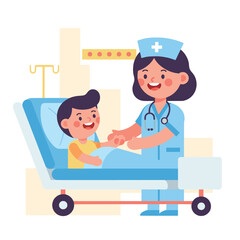 Caring Nurse Comforts Young Patient in Hospital Bed - Illustration