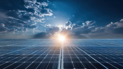 Bright Sunrise Over Solar Panels in Open Field with Dramatic Clouds