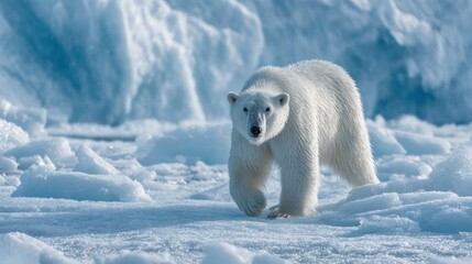 Alert Polar Bear Walking on Ice in Stunning Arctic Landscape