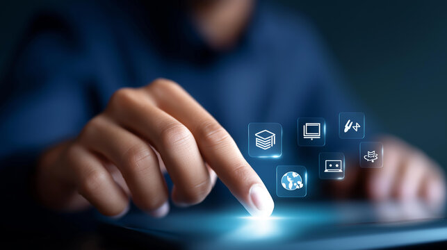 A professional uses a digital interface for e-learning with AI icons, hyper-realistic visuals of online courses with clear details, moody shadows on a screen, bright saturation in