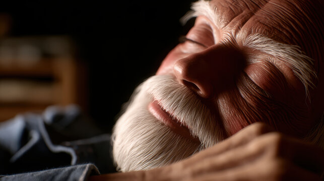 Elderly man body language shows peaceful rest with closed eyes gentle smile soft lighting serene portrait