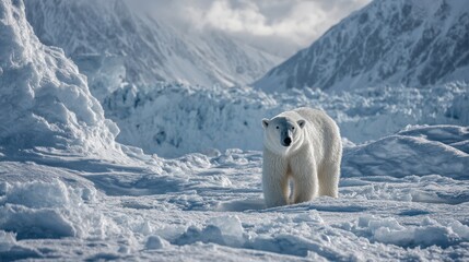 Majestic Polar Bear Walking on Ice in a Glacial Landscape