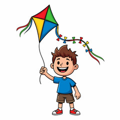 Cartoon Boy Holding a Colorful Diamond Kite with Streamers and Triangle Accents.