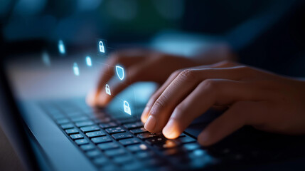 A person types on a keyboard with a digital overlay of cybersecurity icons like shields and locks, hyper-realistic visuals with vivid details, moody shadows on a workspace, bright