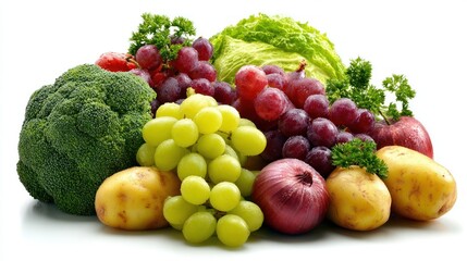 Fresh Organic Vegetables and Fruits Arrangement on White Background