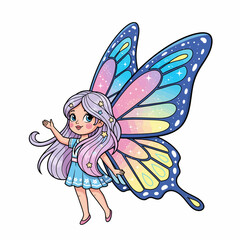 Cartoon Fairy with Star Hair Clips and Colorful Butterfly Wings Illustration.
