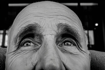 Elderly man portrait close up face skin wrinkle eye body language introspective gaze contemplative