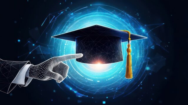 Digital graduation concept, abstract hand pointing towards mortarboard, signifying future education, and innovative learning in the digital age