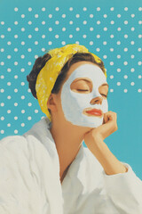 Woman with turquoise face mask polka dots vintage french beauty spa