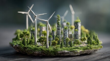 Micro Green City with Wind Turbines and Lush Vegetation