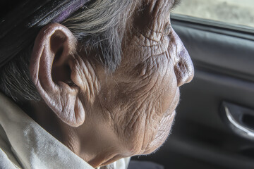 Elderly skin wrinkle body language portrait sitting in vehicle window light contemplative expression