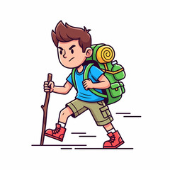 Cartoon Hiker with Backpack and Walking Stick Determined Expression.