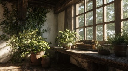 Sunlit Greenhouse Ruin - Overgrown Plants in a Derelict Windowed Room.