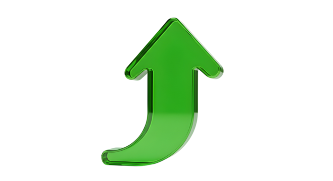 Bright green curved arrow symbol indicating successful business growth and positive direction isolated PNG with Transparent Background