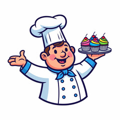 Cheerful Cartoon Chef Presenting Colorful Cupcakes on a Silver Platter.