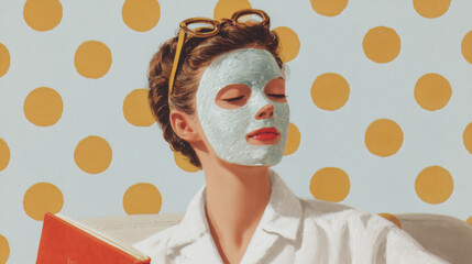Playful blue face mask woman yellow background vintage french beauty