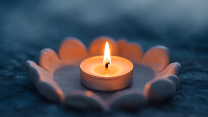 A lit tea light candle placed in a flower-shaped holder on a dark surface, creating a warm and serene ambiance.