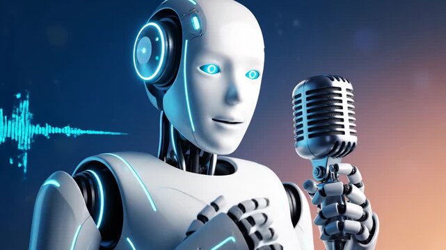 Futuristic AI Robot Singer with Retro Microphone Performance in Digital Ambiance