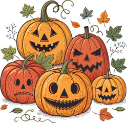 Vector art of a festive halloween scene featuring a collection of carved pumpkins with various expressions, surrounded by autumn leaves, , creating a cheerful and spooky atmosphere