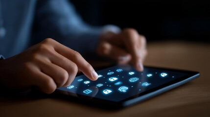 A professional uses a tablet with a digital overlay of cybersecurity icons like locks and cloud protection, hyper-realistic visuals with clear details, moody shadows on a screen, b