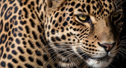 Fototapeta premium Close-up of a majestic leopards face, showcasing its intricate spotted fur and piercing yellow eyes.