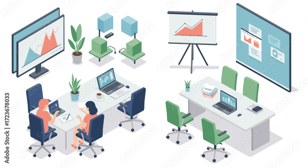 Poster modern office workspace with colleagues analyzing graphs in an isometric design