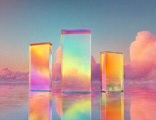 Three iridescent glass monoliths reflecting a pastel sunset sky.