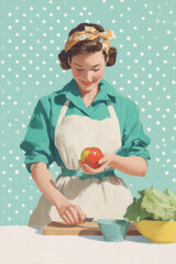 Healthy turquoise woman with apple vintage french wellness portrait