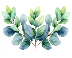 Watercolor eucalyptus branches with green-blue leaves in horizontal composition. Itâ€™s suitable for invitations, cards, wedding design and botanical decoration.
